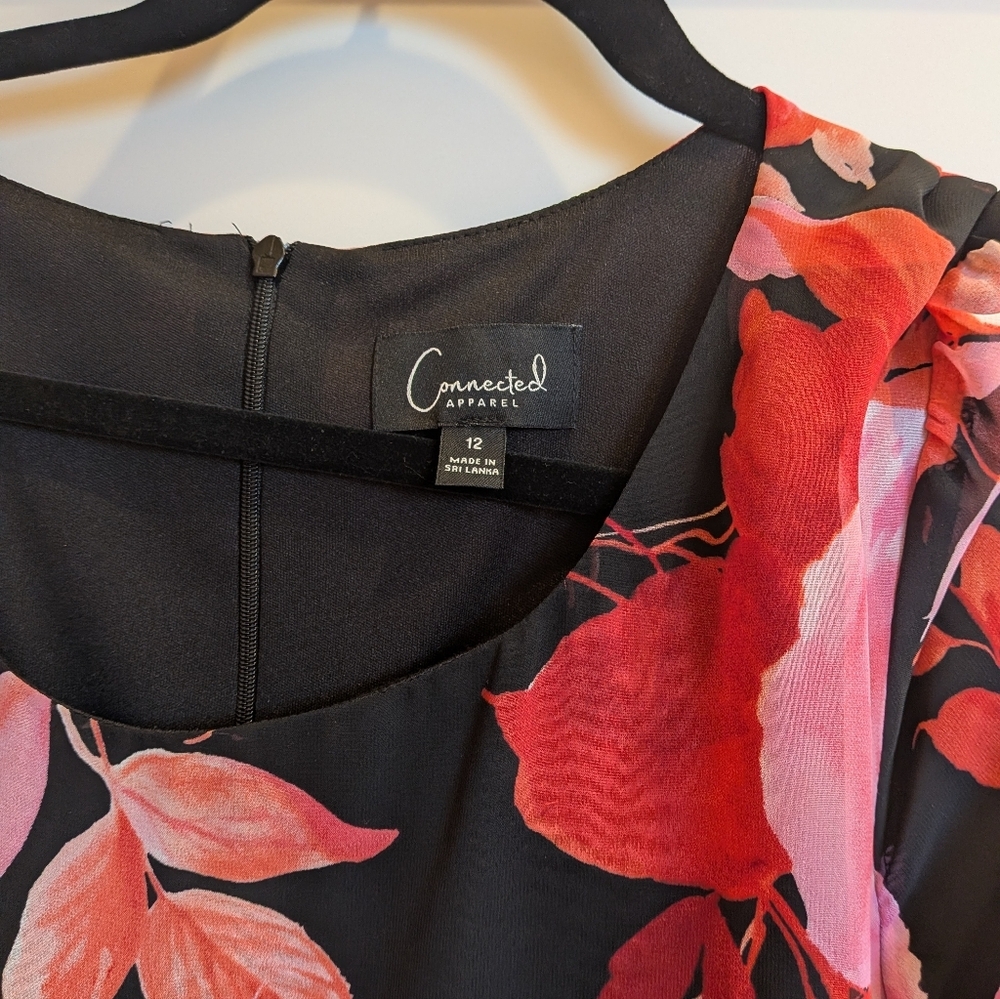Connected Apparel Black and Pink Floral Midi Dress